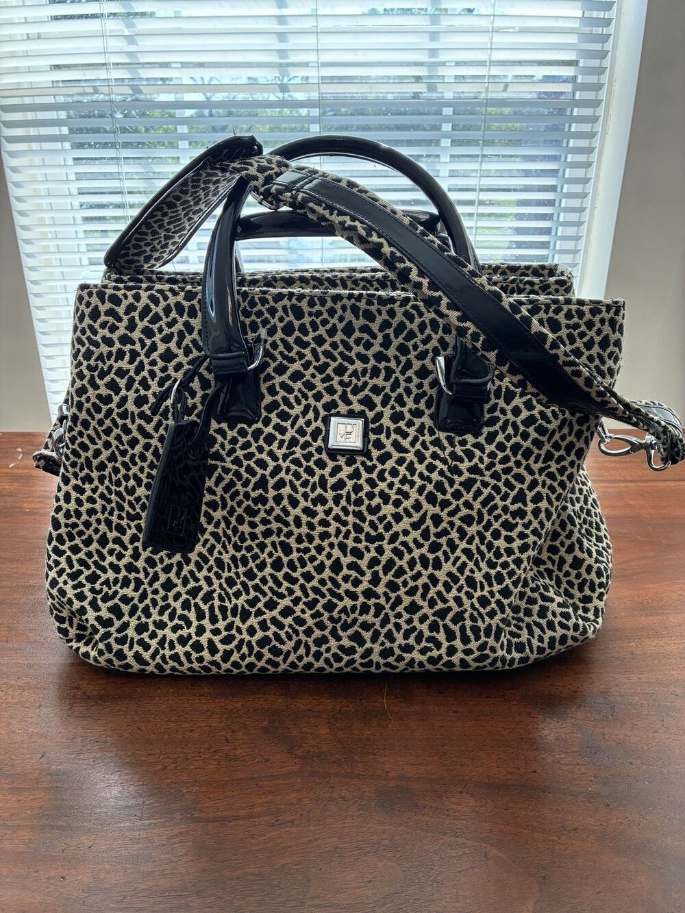 Diane von Furstenberg Madagascar Collection Leopard Travel Bag Black Patent Trim
